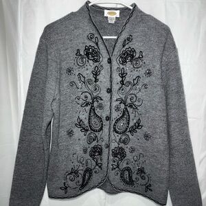 Talbots 100% Merino Wool Beaded Cardigan Sweater Size Large Embroidered Gray